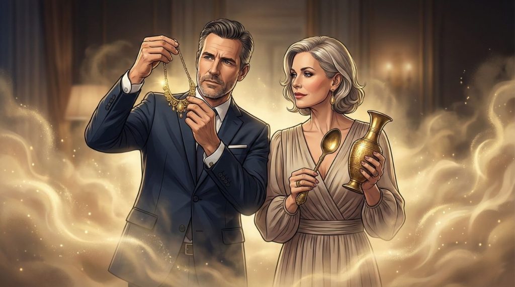 Pariskunta arvioi kultaesineitä ja niiden aitoutta yhdessä